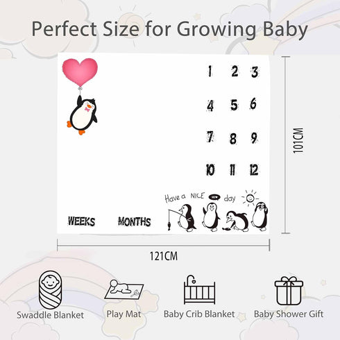 Penguin Baby Monthly Milestone Blanket, 48x40in Soft Flannel, Red Love Heart, Newborn Mom Gifts, Baby Shower Age Growth Tracker with Bonus Maker B...